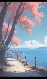 a photo of a path by the ocean with pink trees