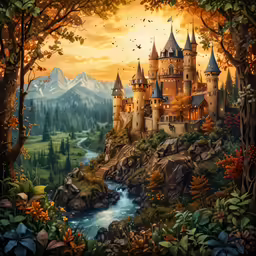 an artwork depicting a castle in the middle of trees