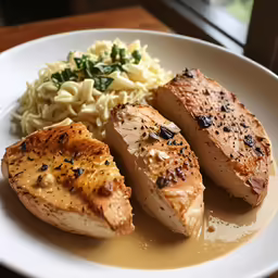 two pieces of meat are next to some pasta on a white plate