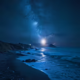 there are some light painted clouds and blue lights on the water