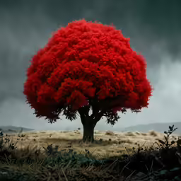 red tree in an open field under stormy skies