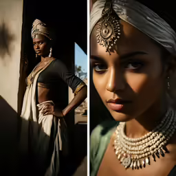 an african american woman in a turban is dressed in traditional jewelry