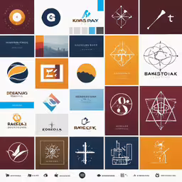 a graphic poster designed for the exhibition of logos, and badges,a poster showing different logos with an image of a cross and a building in the background