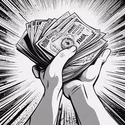 a person holding up money in their hands,a hand holding up stacks of money in front of a black and white background