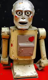 a small robot statue on a table with heart