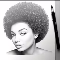 a close up of a pencil drawing of a woman with an afro