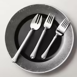 a black and white image of forks and knives on a plate
