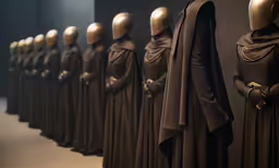 the line up of mannequins in dresses and hoods