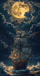 the ship is sailing on an ocean with full moon and clouds