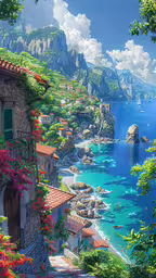 a painting of an ocean and town with flowers,beautiful seaside scene with flowers growing on the side of a mountain