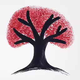 an ink drawing of a tree with leaves on a white background