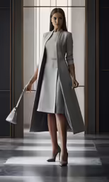a woman in gray is standing next to an empty lobby