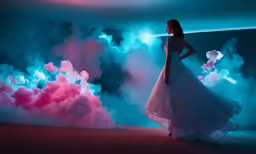 there is a woman standing near smoke in this photo