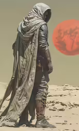 a man in armor looks over a desert
