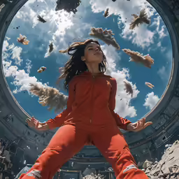 a girl standing outside a space station with flying birds in the sky