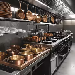 many pots and pans are stacked on the stove