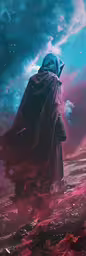 a man in a hooded robe is walking through the water,a man in cloak looking out over some water