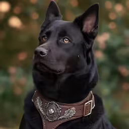 a dog is wearing a leather collar and looks at the camera