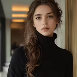 an attractive young lady leaning against a wooden wall