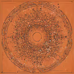 an image of a circular pattern that appears to be drawn with an orange background,an artwork that shows several lines and dots in a circle