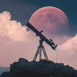 a telescope sitting on top of a pile of rocks