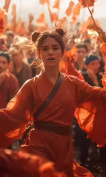 a woman in an orange outfit stands surrounded by other people