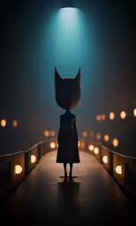 a little boy dressed in a cat suit standing on a dimly lit bridge