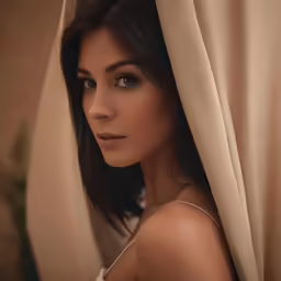 a woman with a scarf over her head standing behind curtains