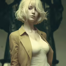 a woman in beige with a tan jacket