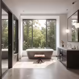 the bathroom is modern and features an open - concept design