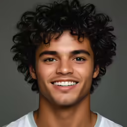 young man with curly hair smiling at the camera