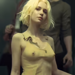 a person with yellow hair standing in front of a mirror