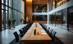 a conference room with chairs, tables and lots of windows
