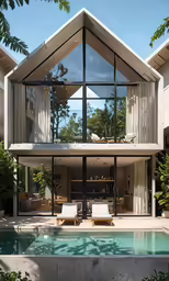 a house with an attached swimming pool surrounded by vegetation