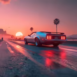 a car drives past palm trees in a beautiful sunset