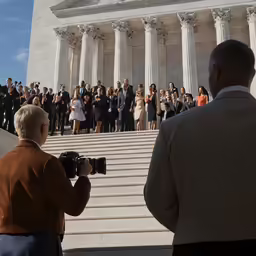 a crowd of people standing in front of a building