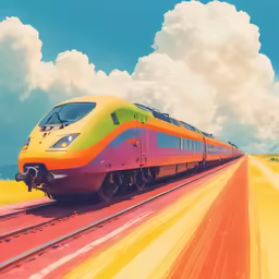 a passenger train traveling down a train track under a partly cloudy sky