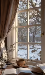 the book and cup are next to the window