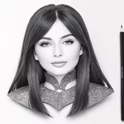 a woman with long dark hair next to a pencil