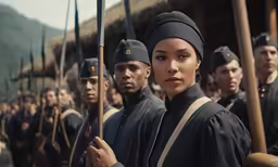 a group of people in black uniforms are holding wooden sticks