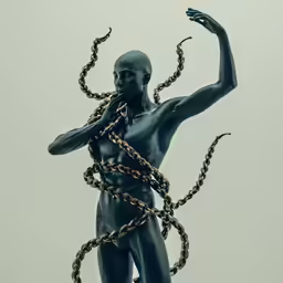 a man with a chain around his neck and hands in the air