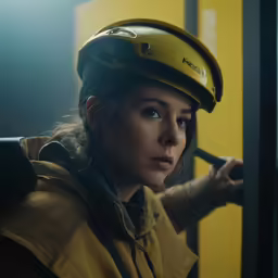 woman in yellow jacket and hat standing near door