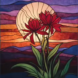 a painting of two red flowers against a sunset