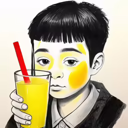 a drawing of a man holding a drink up to his face