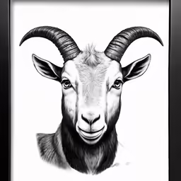 an animal with large horns, and horns, in a framed black frame
