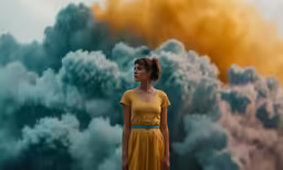 the lady is standing in front of a painting of sky and clouds