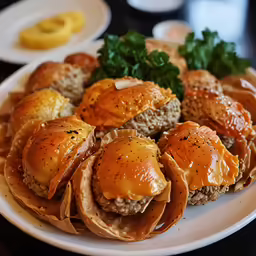an image of a plate of food with meat and potato rings