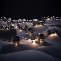 a lot of shiny stones sitting in the middle of a white sand covered area