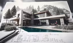 a rendering of a house next to a fountain