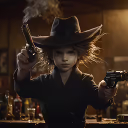 a young girl is holding her revolver in one hand and a gun in the other